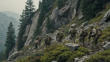 Soldater i et fjellrikt terreng, med en blanding av steiner, trær og busker.