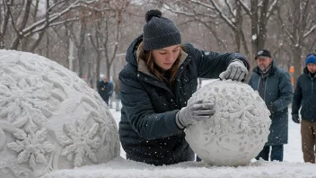 En snøskulptør i arbeid, som lager en vakker snøskulptur.