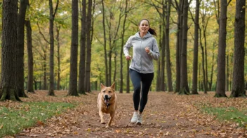 En person og deres hund løper sammen i en vakker utendørs setting.