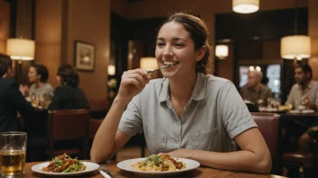 En person som sitter ved et bord med en tallerken mat og et smil på ansiktet.