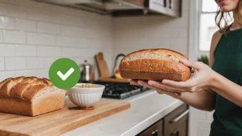 En person med cøliaki som holder et glutenfritt brød, med en grønn hake på det, i et kjøkken med mange glutenfrie matvarer.