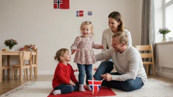 En glad norsk familie med to barn som leker i en barnehage.