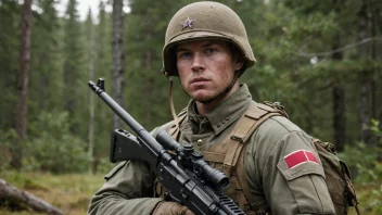 En norsk infanterisoldat i full utrustning og med rifle, med en alvorlig uttrykk.