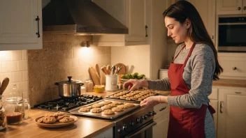 En kvinne i et kjøkken, omgitt av bakeutstyr og ingredienser, med en varm og invitende atmosfære.