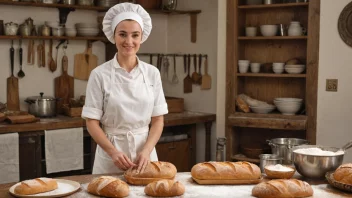 En bagare i en hvit forkle, omgitt av bakeutstyr og nybakt brød