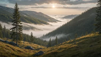 Et fredelig norsk skogslandskap med høye trær, rullende åser og en tåkete atmosfære.