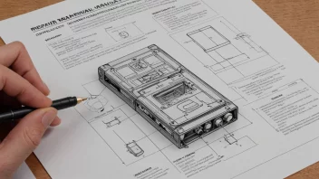 En illustrasjon av en reparasjonsmanual med detaljerte bilder og diagrammer.