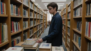 En person sitter ved et bord i et bibliotek, omgitt av bøker og andre biblioteksmaterialer. De ser på en bok med interesse.