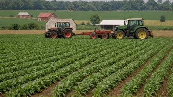 En gård med en traktor og et jorde med avlinger