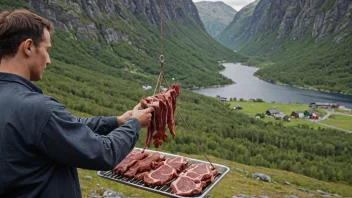 En person som henger kjøtt til tørk i et godt ventilert område.