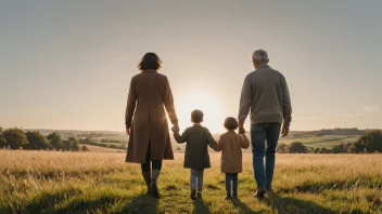 En familie med ulike generasjoner som står sammen, med en subtil bakgrunn av et endrende landskap.