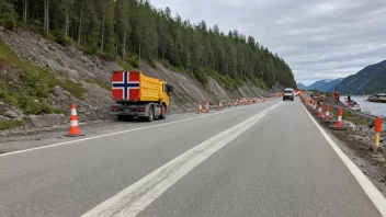 Et vegprosjekt i Norge med flagg i bakgrunnen.