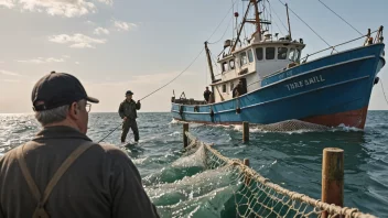 Et bilde av en fiskebåt med trålnett, med en reguleringkomité i bakgrunnen.