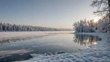 et fredelig og kaldt vinterlandskap med snødekte trær og en frossen innsjø i bakgrunnen