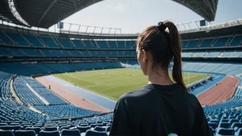 En person som har på seg sportsbekledning, med en bakgrunn av ulike sportsutstyr og et stadion.