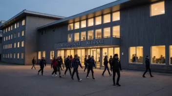 En skolebygning med en skilt som sier 'Kveldskole' på norsk.