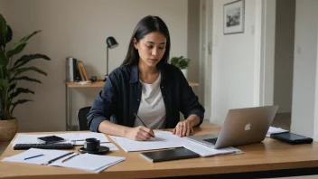 En person som jobber hjemmefra, omgitt av papirer og en laptop.