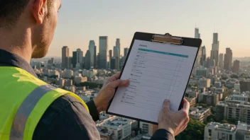 En person holder en clipboard med en sjekkliste, med en bysilhuett i bakgrunnen.