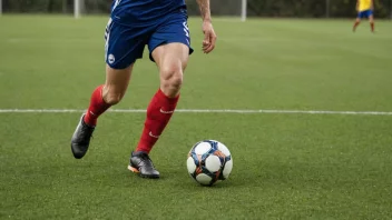 En fotballspiller i aksjon, dribler ballen forbi motstandere.