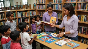 En person som deler ut bøker til barn i et bibliotek.