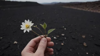 En person holder en liten, skjør blomst med en brukket stilk, omgitt av et mørkt og øde landskap, som symboliserer noe som er ikkegjenvinnbart eller uerstattelig.