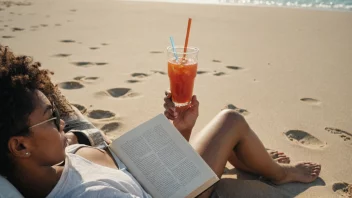 En person som slapper av på en strand med en bok og en kald drikke