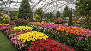 En vakker blomsterutstilling med et stort utvalg av blomster og planter