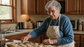 En oldesbestemor baker kjeks på kjøkkenet.