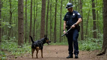 En politibetjent med en hund som søker etter en mistenkt i en skog