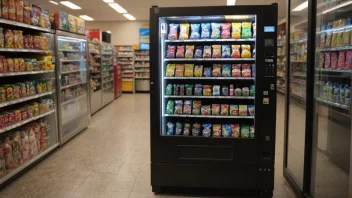 En salgsautomat på en togstasjon, med snacks og drikke på display.