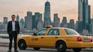 En taxieier står ved siden av sin taxi, med en by i bakgrunnen.