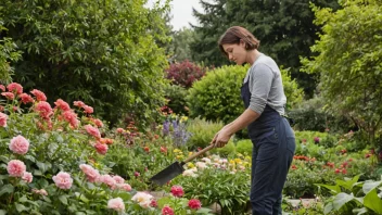 En hagemester i en vakker hage, omgitt av frodig grønt og fargerike blomster.