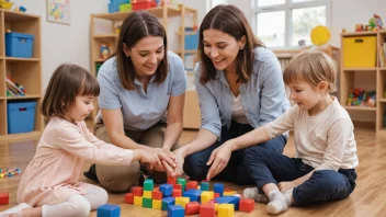 En gruppe forskolere som leker med barn i en barnehage, omgitt av leker og pedagogiske materialer.