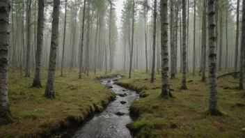 Et fredelig og rolig skoglandskap med en blanding av bjørk og furu.