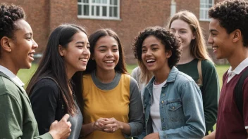 En gruppe elever av ulik alder og bakgrunn samlet sammen, ler og prater, med en skolebygning i bakgrunnen.