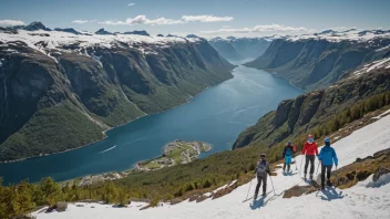 Et naturskjønt landskap av et populært turistmål i Norge, med mennesker som nyter utendørsaktiviteter.