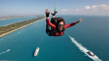 En person i luften, med en fallskjerm eller bungee-linje festet, og et skip eller båt synlig i bakgrunnen.