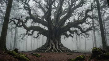 Et bilde av et stort, gammelt tre med vridde grener og røtter, som står alene i en tåkete skog.