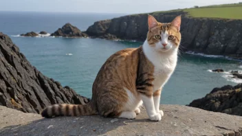 En Manx-katt på en steinete utsiktspunkt med sjøen i bakgrunnen.