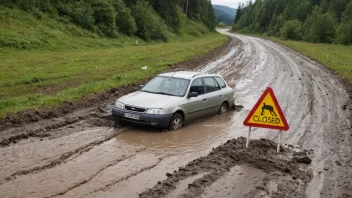 En bil fast i gjørma på en landevei med et skilt som sier 'Vei stengt'.