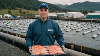 En person som jobber i lakseproduksjonsindustrien, med en bakgrunn av et fiskeoppdrett eller en prosesseringsanlegg.