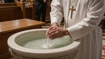 En dåpsfontene i en kirke, med en prest eller pastor som utfører et dåp.