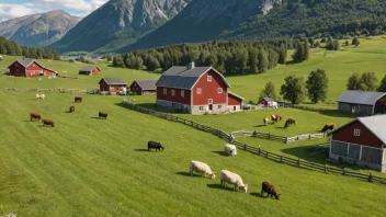 Ein norsk gard med dyr som beiter i åkeren.