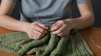 En person som strikker en skjerf ved hjelp av jevnstrikking-teknikken, med en ball garn og strikkepinner i bakgrunnen