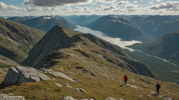 Et vakkert og fredelig landskap i norske fjell, med solen skinnende ned og noen skyer spredt over himmelen.