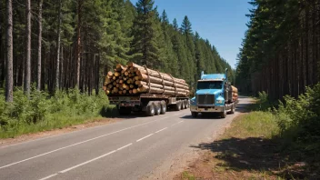 En skogvei som brukes til tømmertransport, med en stor lastebil som frakter tømmer.