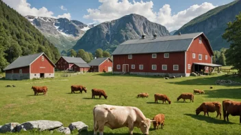 Et bilde av en tradisjonell norsk gård med en rød låve og et hvitt hus, omgitt av grønne marker og trær.