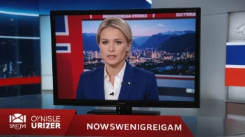 En TV-skjerm som viser et nyhetsprogram med et norsk flagg i bakgrunnen