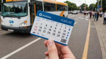 En person som holder et månedspasskort, med en kalender eller en buss i bakgrunnen.