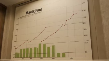 En graf som viser veksten av en bankfond over tid, med en bakgrunn av en banks interiør.